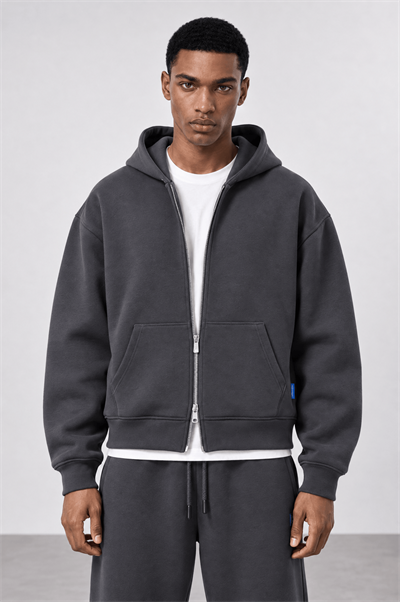 Erkek Basic Panda Oversize Zip Füme