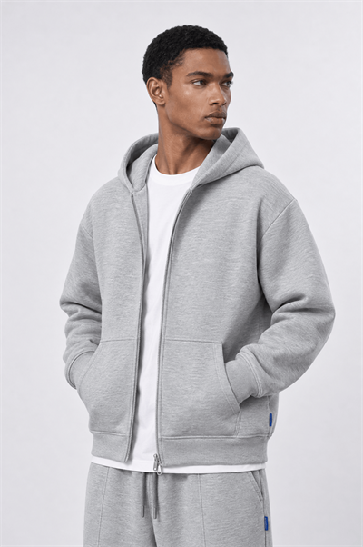 Erkek Basic Panda Oversize Zip Gri Melanj