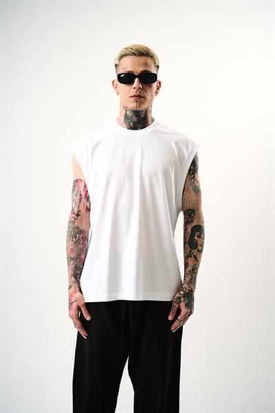 Erkek Basic Sıfır Kol Oversize T-Shirt Beyaz