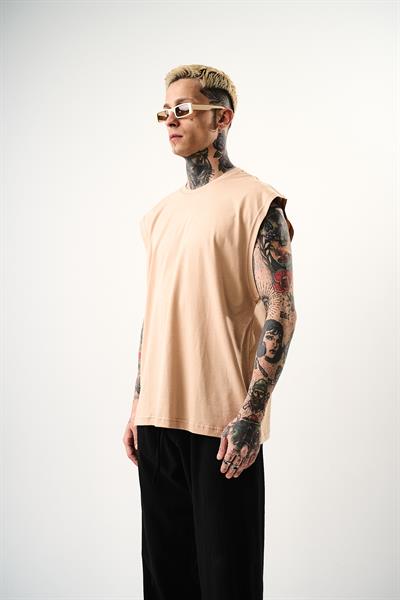 Erkek Basic Sıfır Kol Oversize T-Shirt Bej