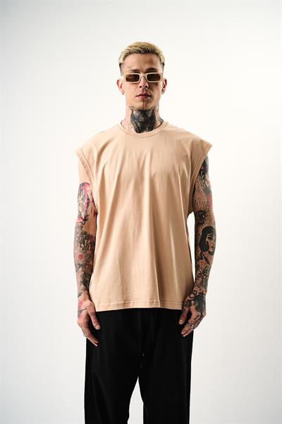 Erkek Basic Sıfır Kol Oversize T-Shirt Bej