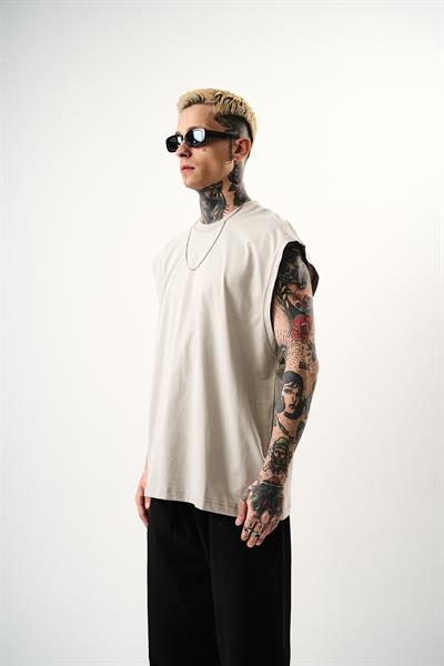 Erkek Basic Sıfır Kol Oversize T-Shirt Kemik