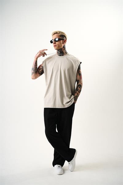 Erkek Basic Sıfır Kol Oversize T-Shirt Kemik