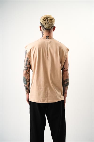Erkek Basic Sıfır Kol Oversize T-Shirt Bej