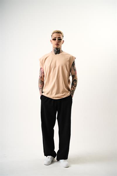 Erkek Basic Sıfır Kol Oversize T-Shirt Bej