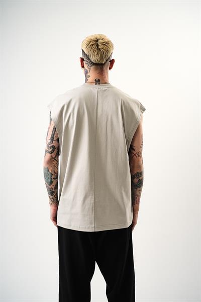 Erkek Basic Sıfır Kol Oversize T-Shirt Kemik