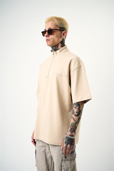 Erkek Be Kind Nakışlı Yarım Fermuarlı Oversize T-Shirt Bej