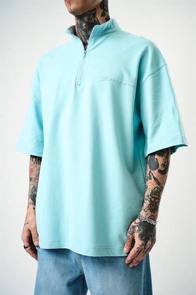 Erkek Be Kind Nakışlı Yarım Fermuarlı Oversize T-Shirt Bebe Mavi