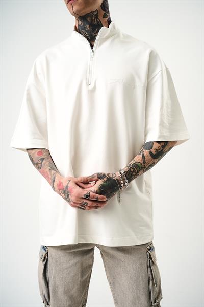 Erkek Be Kind Nakışlı Yarım Fermuarlı Oversize T-Shirt Ekru