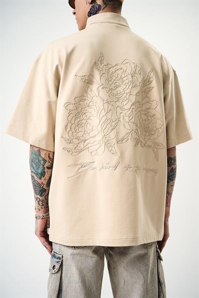 Erkek Be Kind Nakışlı Yarım Fermuarlı Oversize T-Shirt Bej