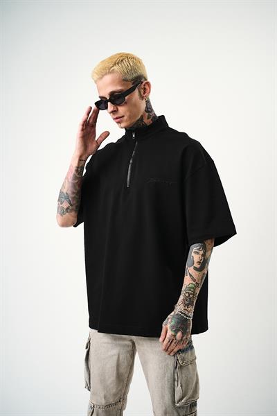 Erkek Be Kind Nakışlı Yarım Fermuarlı Oversize T-Shirt Siyah