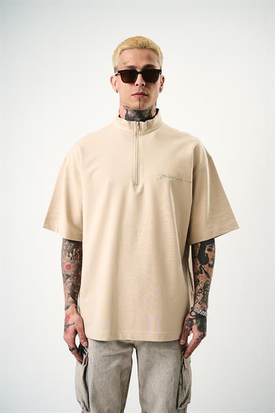 Erkek Be Kind Nakışlı Yarım Fermuarlı Oversize T-Shirt Bej
