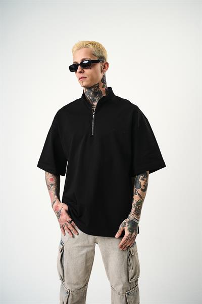 Erkek Be Kind Nakışlı Yarım Fermuarlı Oversize T-Shirt Siyah