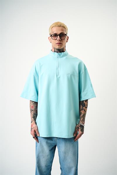 Erkek Be Kind Nakışlı Yarım Fermuarlı Oversize T-Shirt Bebe Mavi