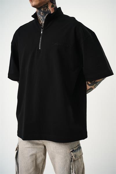 Erkek Be Kind Nakışlı Yarım Fermuarlı Oversize T-Shirt Siyah