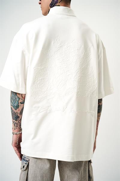 Erkek Be Kind Nakışlı Yarım Fermuarlı Oversize T-Shirt Ekru