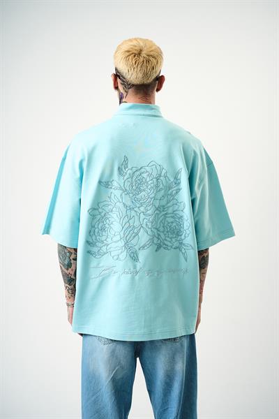 Erkek Be Kind Nakışlı Yarım Fermuarlı Oversize T-Shirt Bebe Mavi