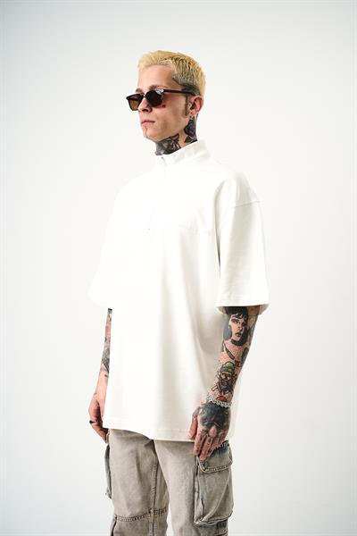 Erkek Be Kind Nakışlı Yarım Fermuarlı Oversize T-Shirt Ekru