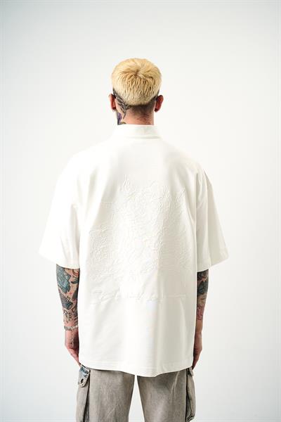 Erkek Be Kind Nakışlı Yarım Fermuarlı Oversize T-Shirt Ekru