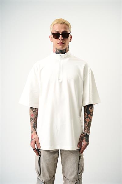 Erkek Be Kind Nakışlı Yarım Fermuarlı Oversize T-Shirt Ekru