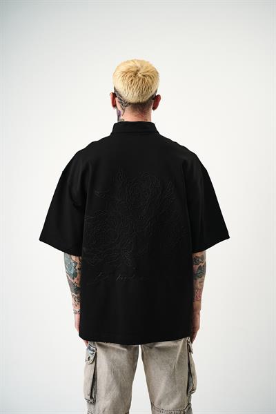 Erkek Be Kind Nakışlı Yarım Fermuarlı Oversize T-Shirt Siyah