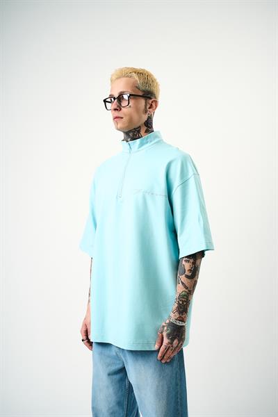 Erkek Be Kind Nakışlı Yarım Fermuarlı Oversize T-Shirt Bebe Mavi