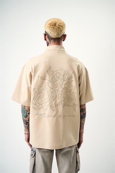 Erkek Be Kind Nakışlı Yarım Fermuarlı Oversize T-Shirt Bej