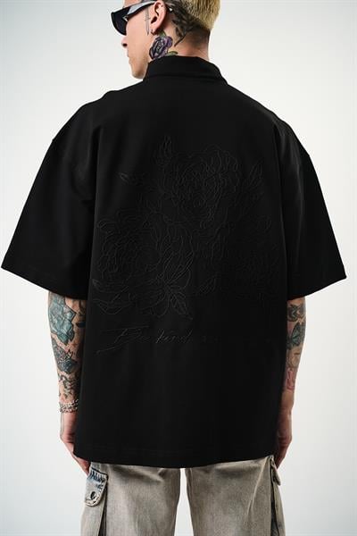 Erkek Be Kind Nakışlı Yarım Fermuarlı Oversize T-Shirt Siyah
