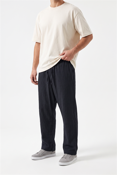Erkek Beli Lastikli Dokuma Baggy Pantolon Siyah