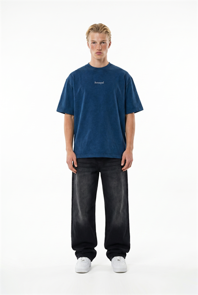 Erkek Betrayal Baskılı Yıkamalı Oversize T-Shirt Lacivert