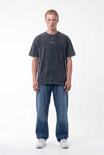 Erkek Betrayal Baskılı Yıkamalı Oversize T-Shirt Siyah