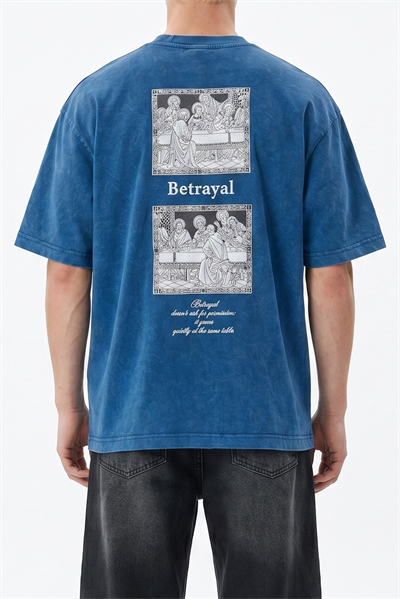 Erkek Betrayal Baskılı Yıkamalı Oversize T-Shirt Lacivert