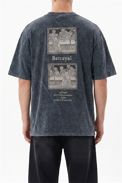 Erkek Betrayal Baskılı Yıkamalı Oversize T-Shirt Siyah