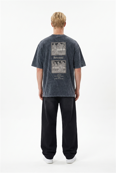 Erkek Betrayal Baskılı Yıkamalı Oversize T-Shirt Siyah