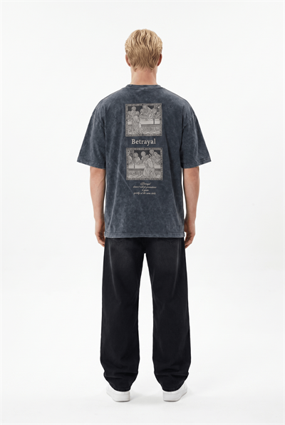 Erkek Betrayal Baskılı Yıkamalı Oversize T-Shirt Siyah