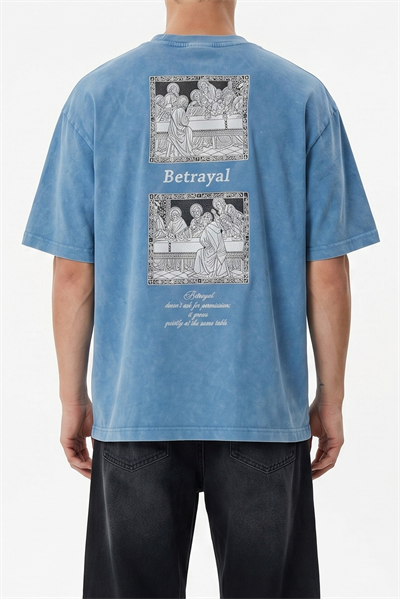 Erkek Betrayal Baskılı Yıkamalı Oversize T-Shirt Bebe Mavi