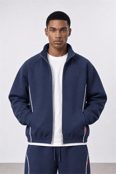 Erkek Biye Detaylı Panda Oversize Zip Lacivert