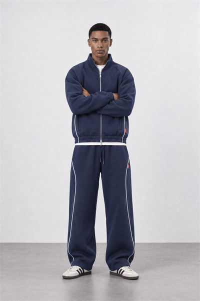 Erkek Biye Detaylı Panda Oversize Zip Lacivert