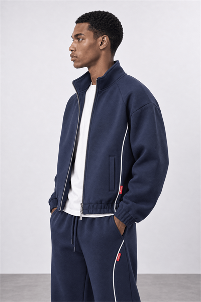 Erkek Biye Detaylı Panda Oversize Zip Lacivert