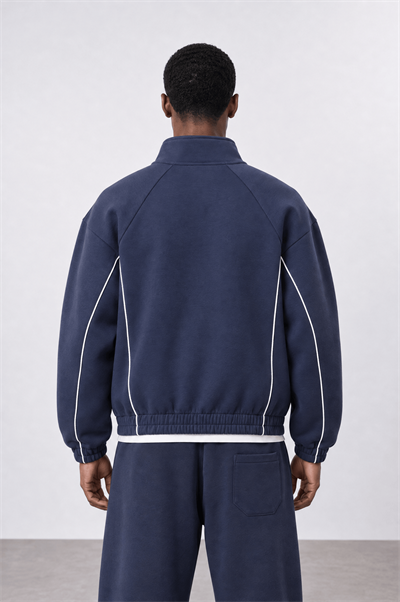 Erkek Biye Detaylı Panda Oversize Zip Lacivert