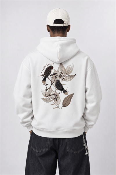 Erkek Botanical Patch Detaylı Oversize Hoodie Ekru
