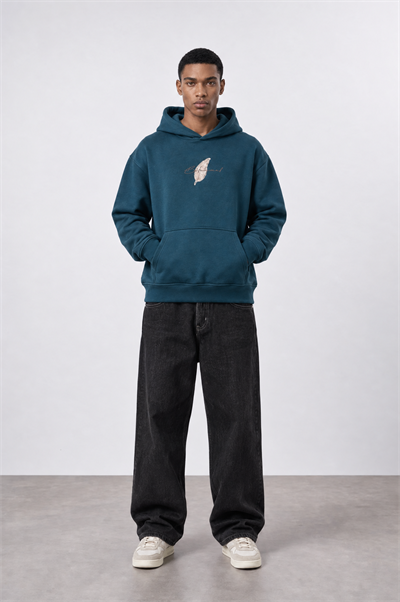 Erkek Botanical Patch Detaylı Oversize Hoodie Zümrüt