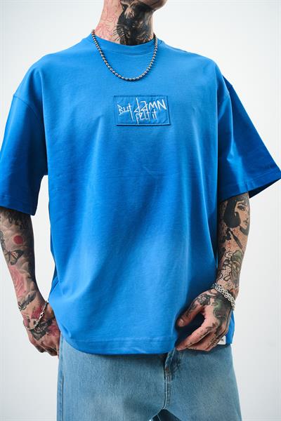 Erkek But Damn Nakışlı Oversize T-Shirt Mavi