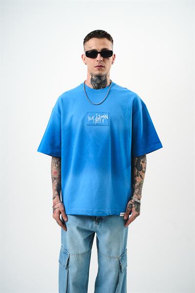Erkek But Damn Nakışlı Oversize T-Shirt Mavi
