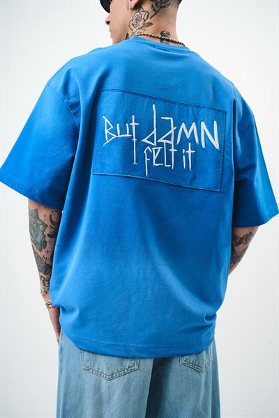 Erkek But Damn Nakışlı Oversize T-Shirt Mavi