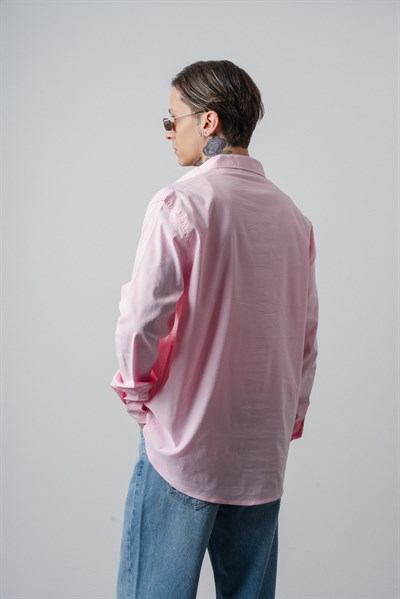 Erkek Arma Nakışlı Uzun Kollu Oversize Gömlek Pembe