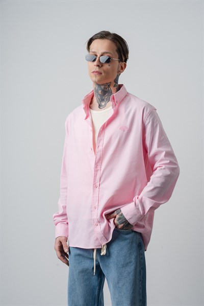 Erkek Arma Nakışlı Uzun Kollu Oversize Gömlek Pembe