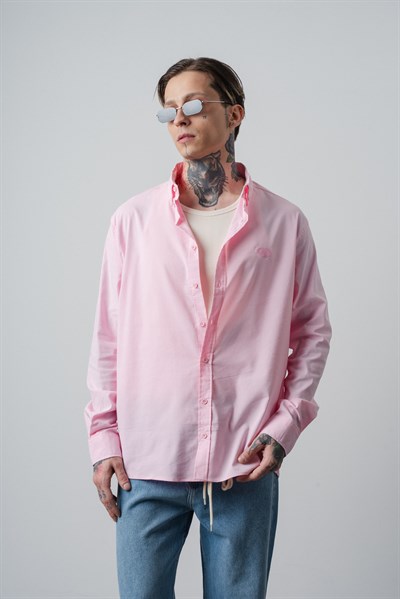 Erkek Arma Nakışlı Uzun Kollu Oversize Gömlek Pembe