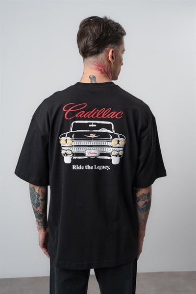 Erkek Cadillac Baskılı Oversize T-Shirt Siyah