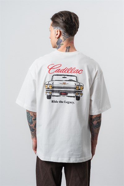 Erkek Cadillac Baskılı Oversize T-Shirt Ekru